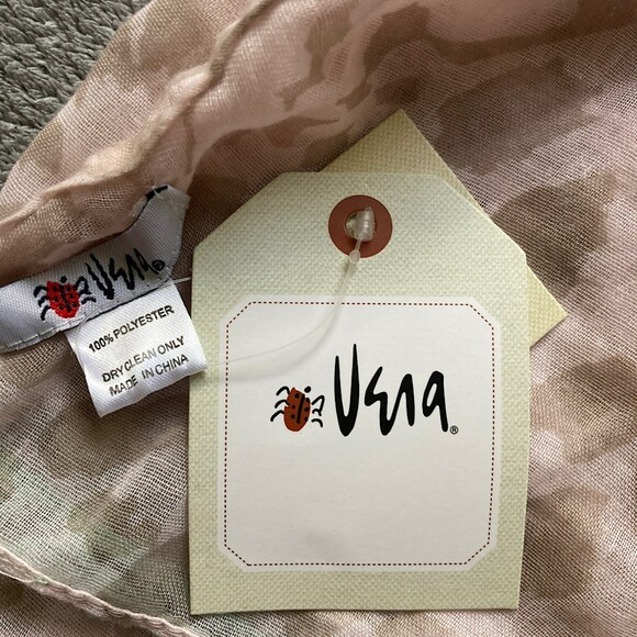 Vera Neumann Scarf Beige Green Boho Print Infinity Scarf Pom Pom Edging Detail - Picture 7 of 9